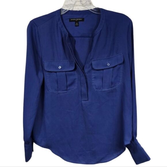 Banana Republic Blue Blouse Long Sleeve Collar V-Neck Henley Dressy Work Career - Picture 1 of 6
